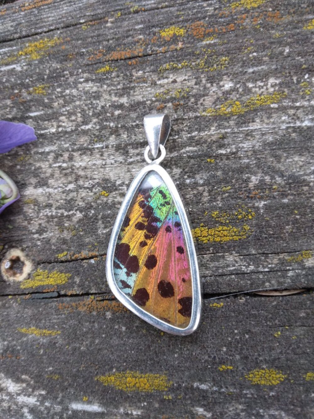 Vintage Sterling Silver Madagascar Sunset Moth Wing Reversable Pendant - Picture 2 of 9